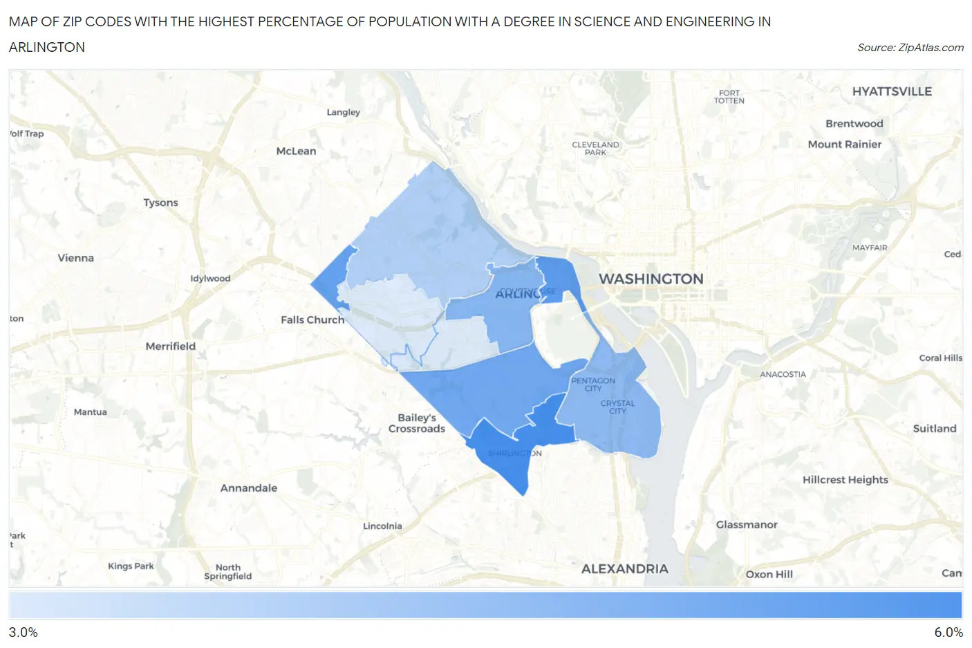 Zip Codes with the Highest Percentage of Population with a Degree in Science and Engineering in Arlington Map