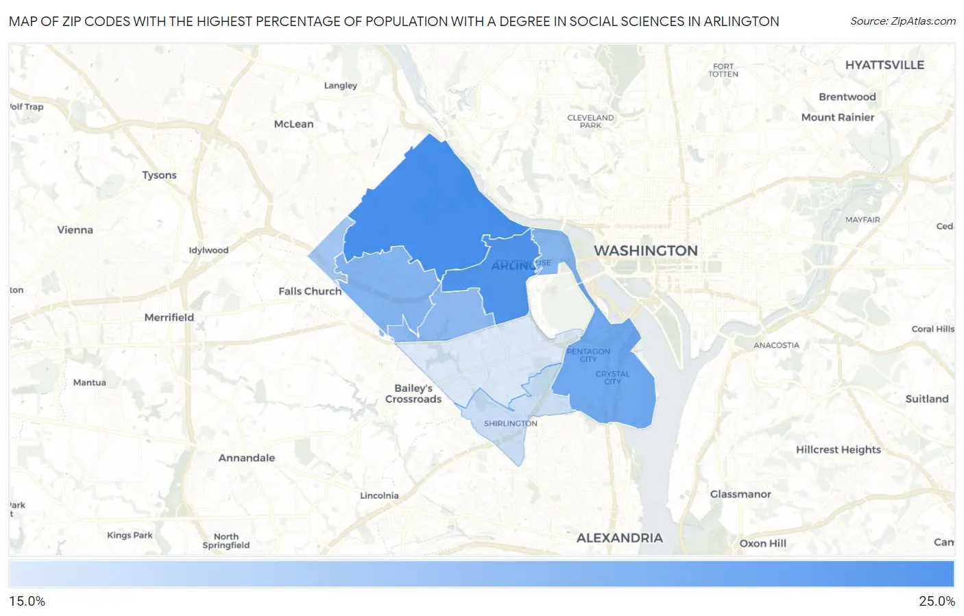 Zip Codes with the Highest Percentage of Population with a Degree in Social Sciences in Arlington Map