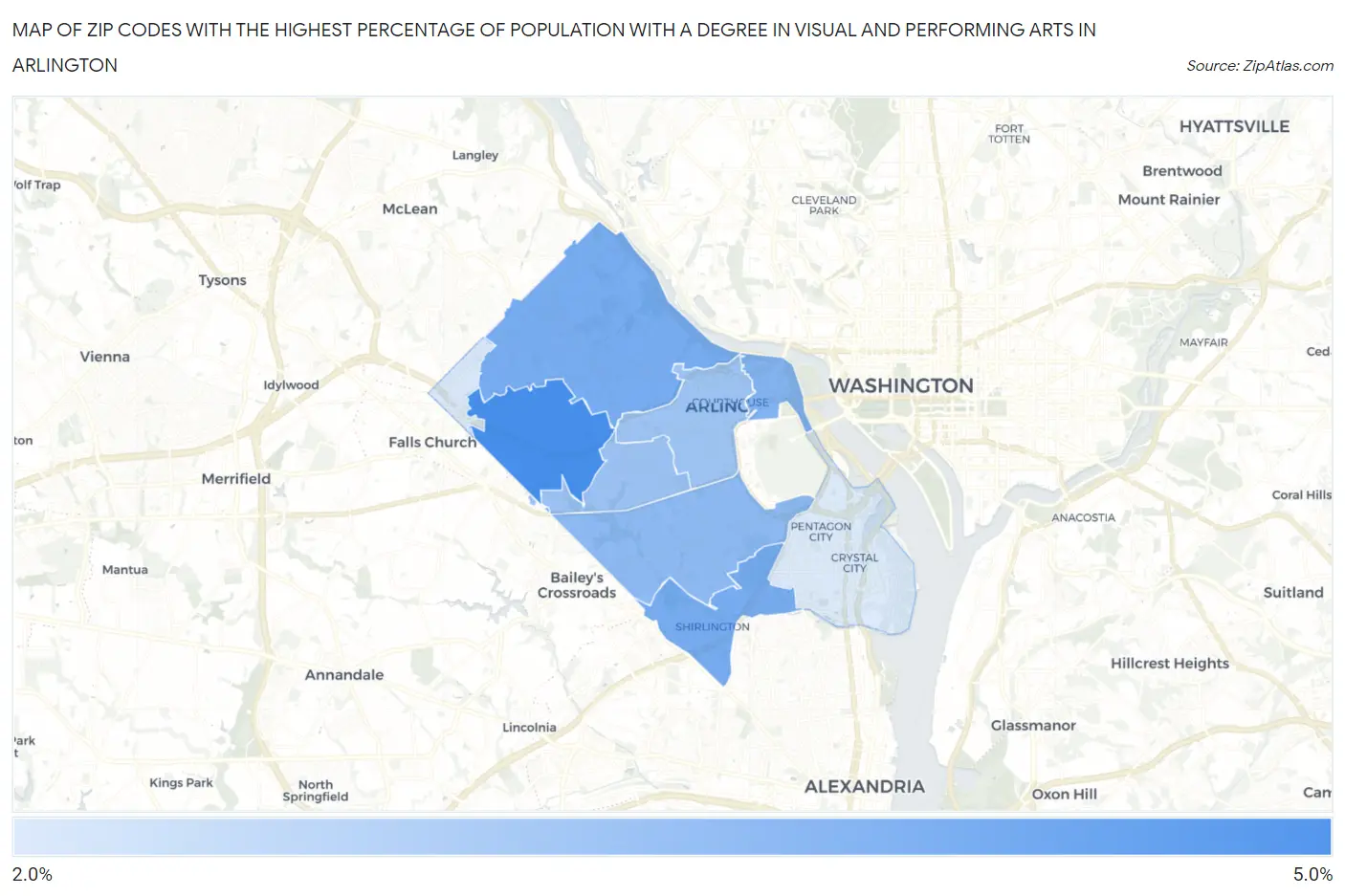 Zip Codes with the Highest Percentage of Population with a Degree in Visual and Performing Arts in Arlington Map