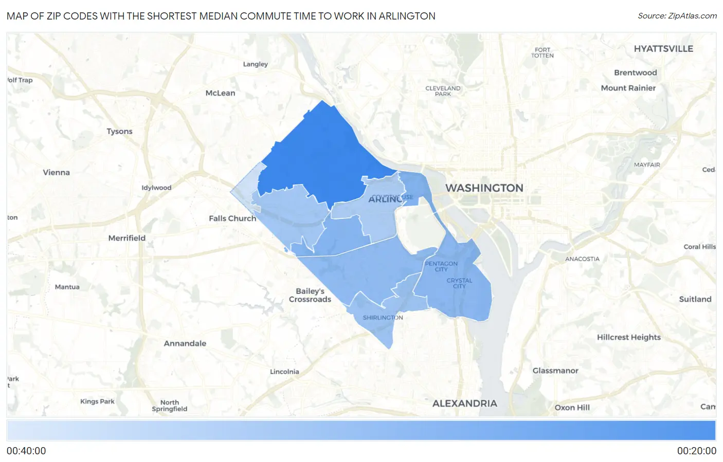 Zip Codes with the Shortest Median Commute Time to Work in Arlington Map