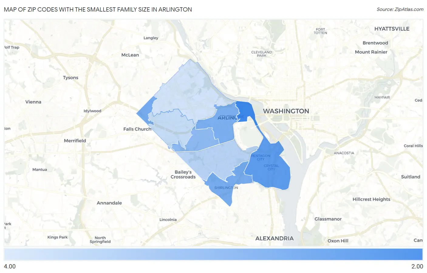 Zip Codes with the Smallest Family Size in Arlington Map