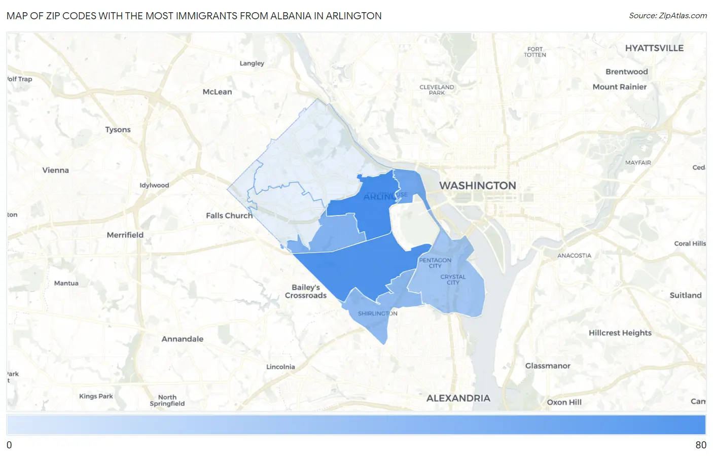 Zip Codes with the Most Immigrants from Albania in Arlington Map