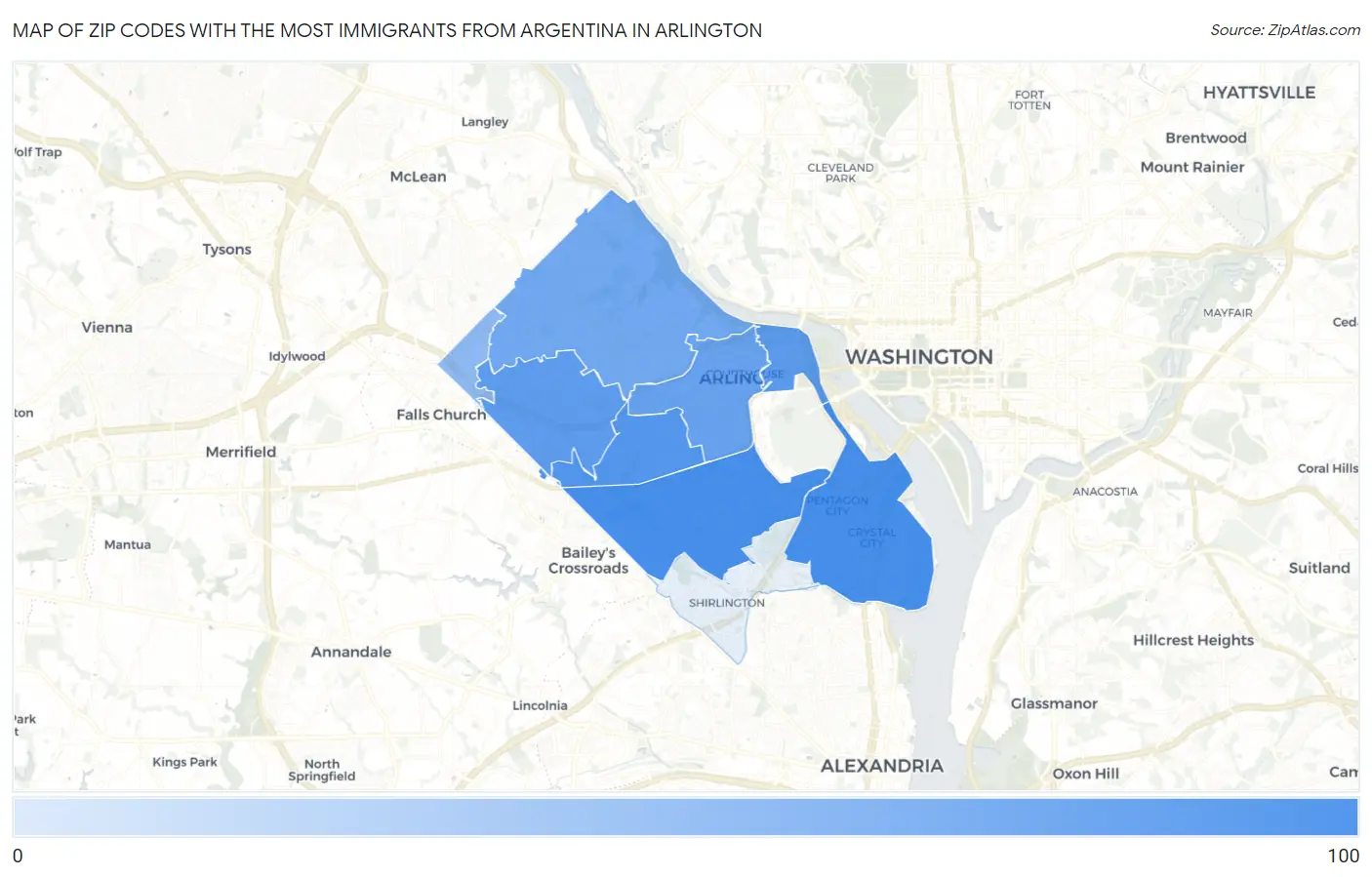 Zip Codes with the Most Immigrants from Argentina in Arlington Map