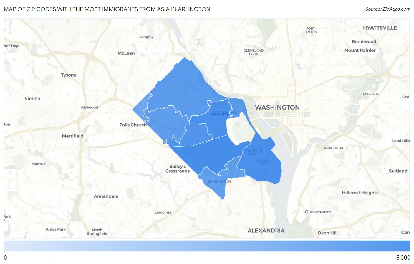 Zip Codes with the Most Immigrants from Asia in Arlington Map