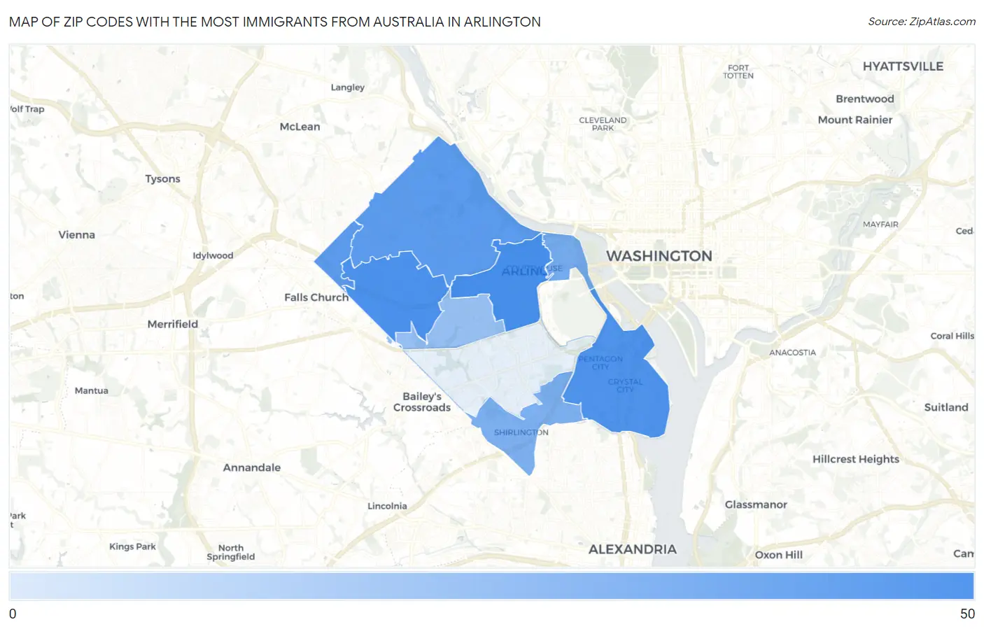 Zip Codes with the Most Immigrants from Australia in Arlington Map