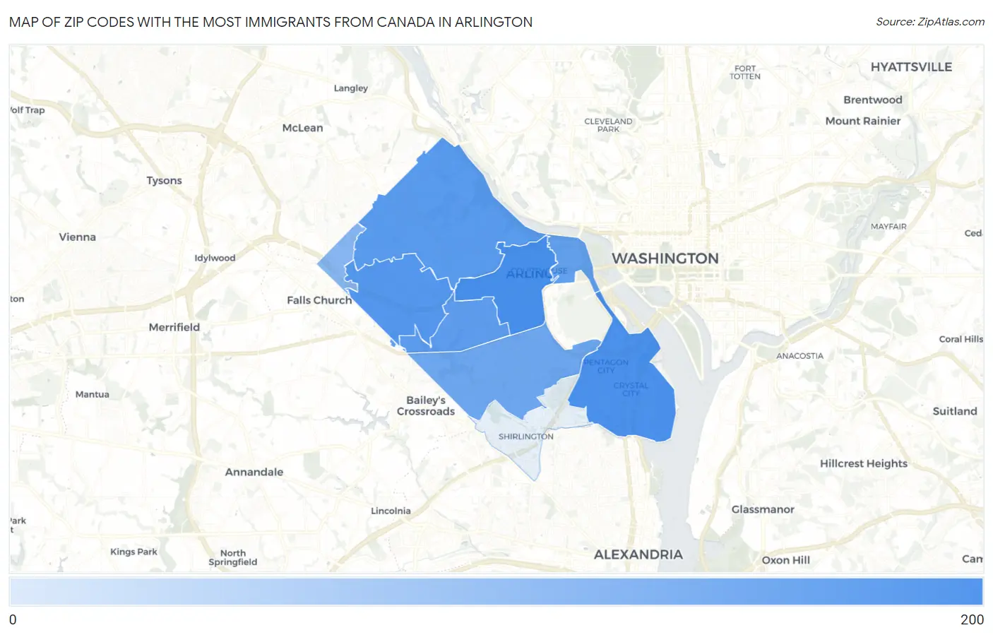 Zip Codes with the Most Immigrants from Canada in Arlington Map