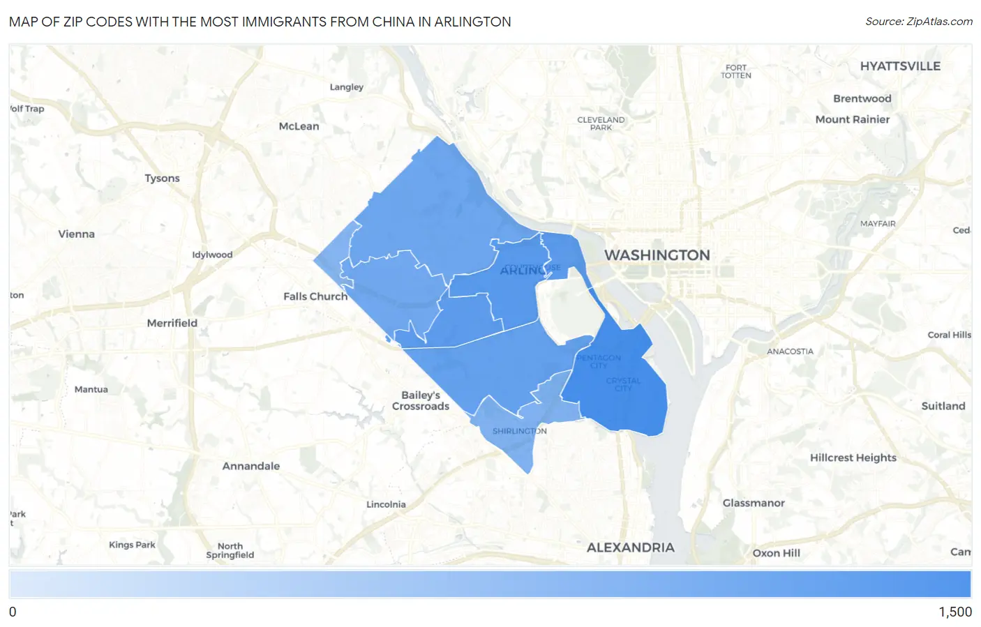 Zip Codes with the Most Immigrants from China in Arlington Map