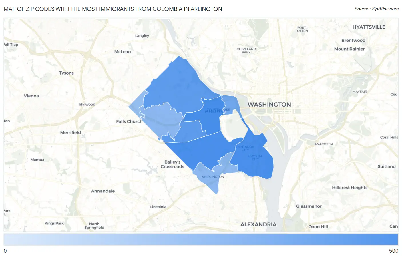Zip Codes with the Most Immigrants from Colombia in Arlington Map