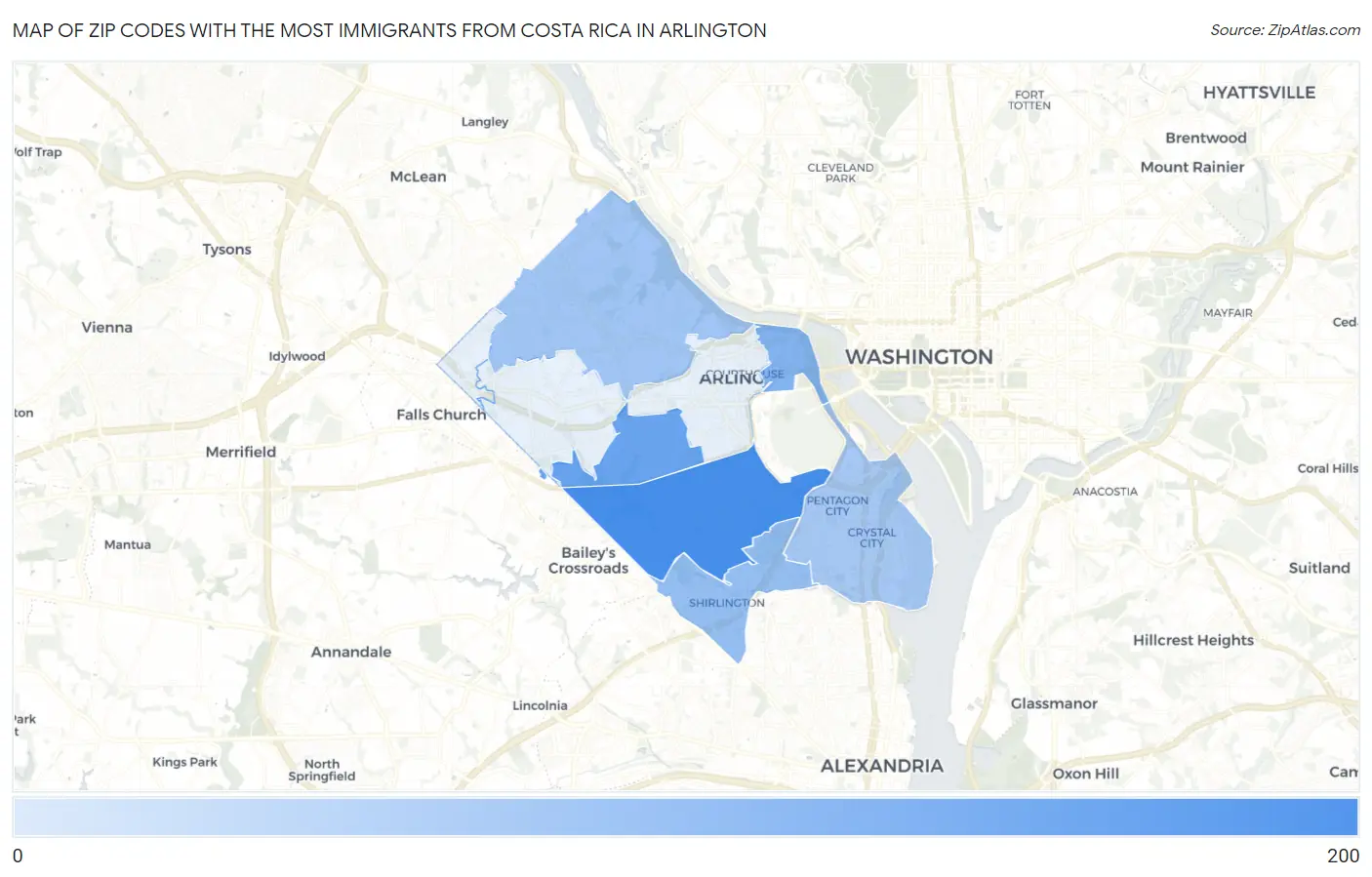 Zip Codes with the Most Immigrants from Costa Rica in Arlington Map