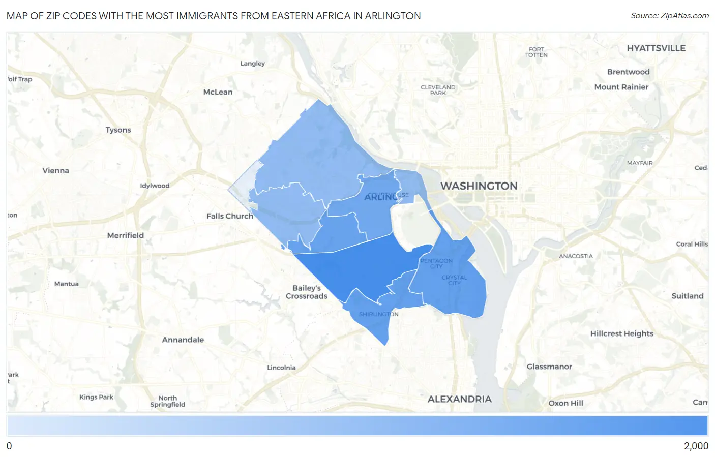Zip Codes with the Most Immigrants from Eastern Africa in Arlington Map