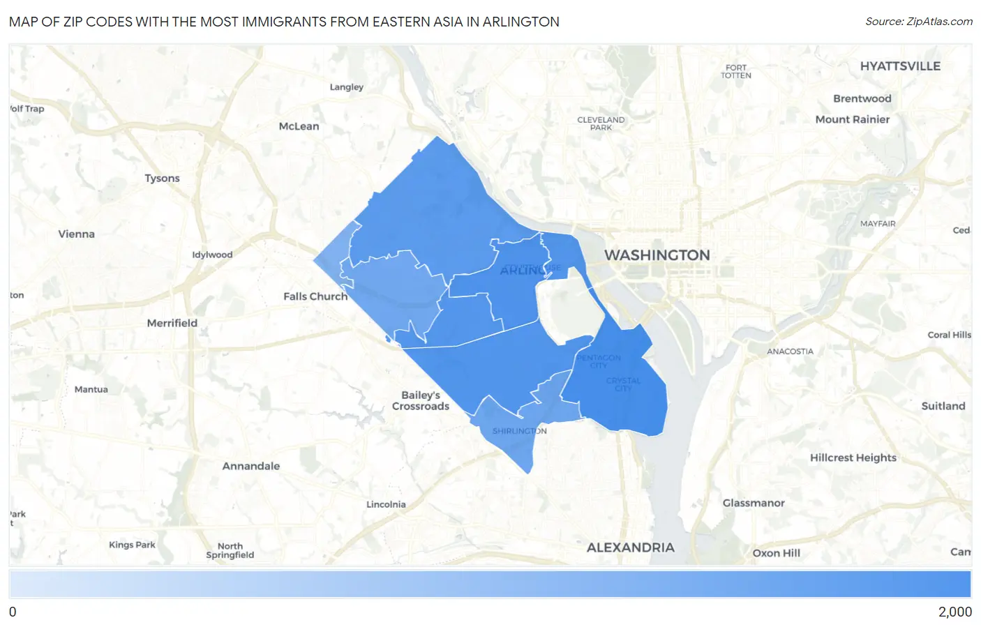 Zip Codes with the Most Immigrants from Eastern Asia in Arlington Map