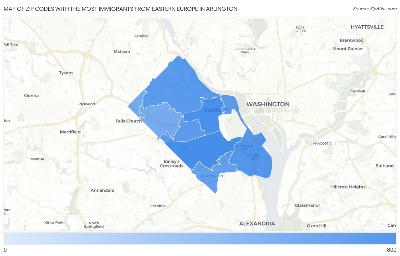 Zip Codes with the Most Immigrants from Eastern Europe in Arlington Map
