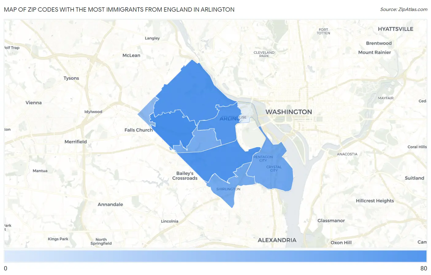 Zip Codes with the Most Immigrants from England in Arlington Map