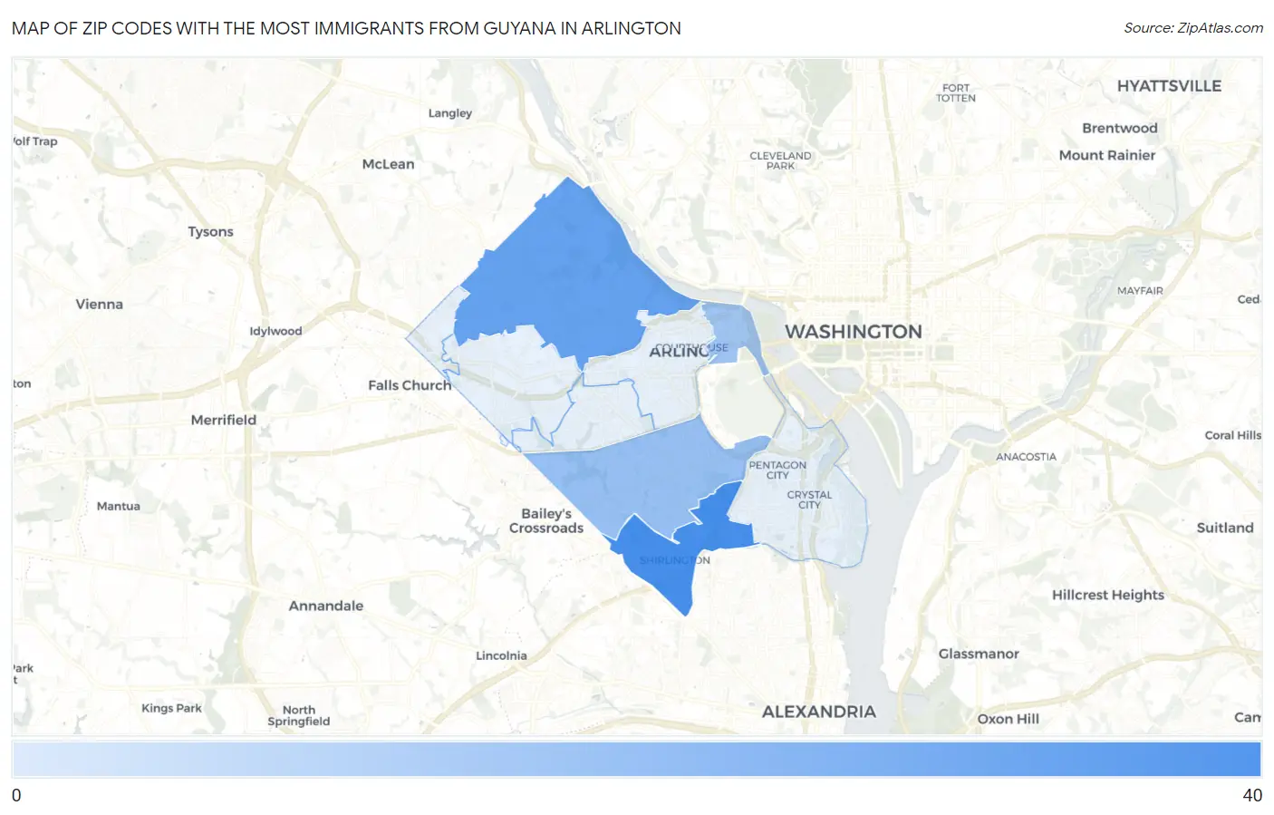 Zip Codes with the Most Immigrants from Guyana in Arlington Map