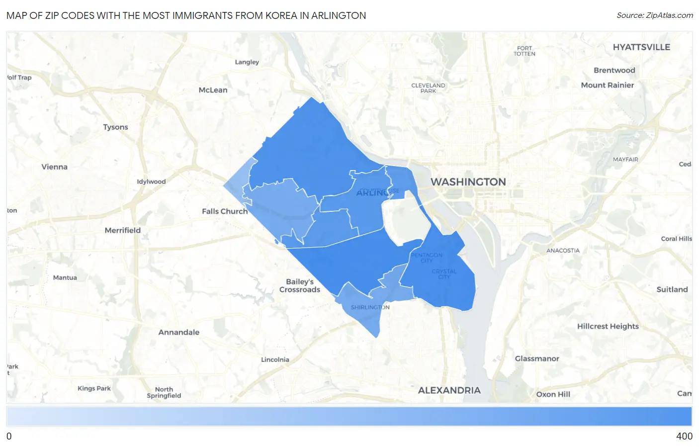 Zip Codes with the Most Immigrants from Korea in Arlington Map