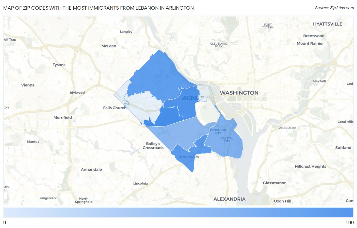 Zip Codes with the Most Immigrants from Lebanon in Arlington Map