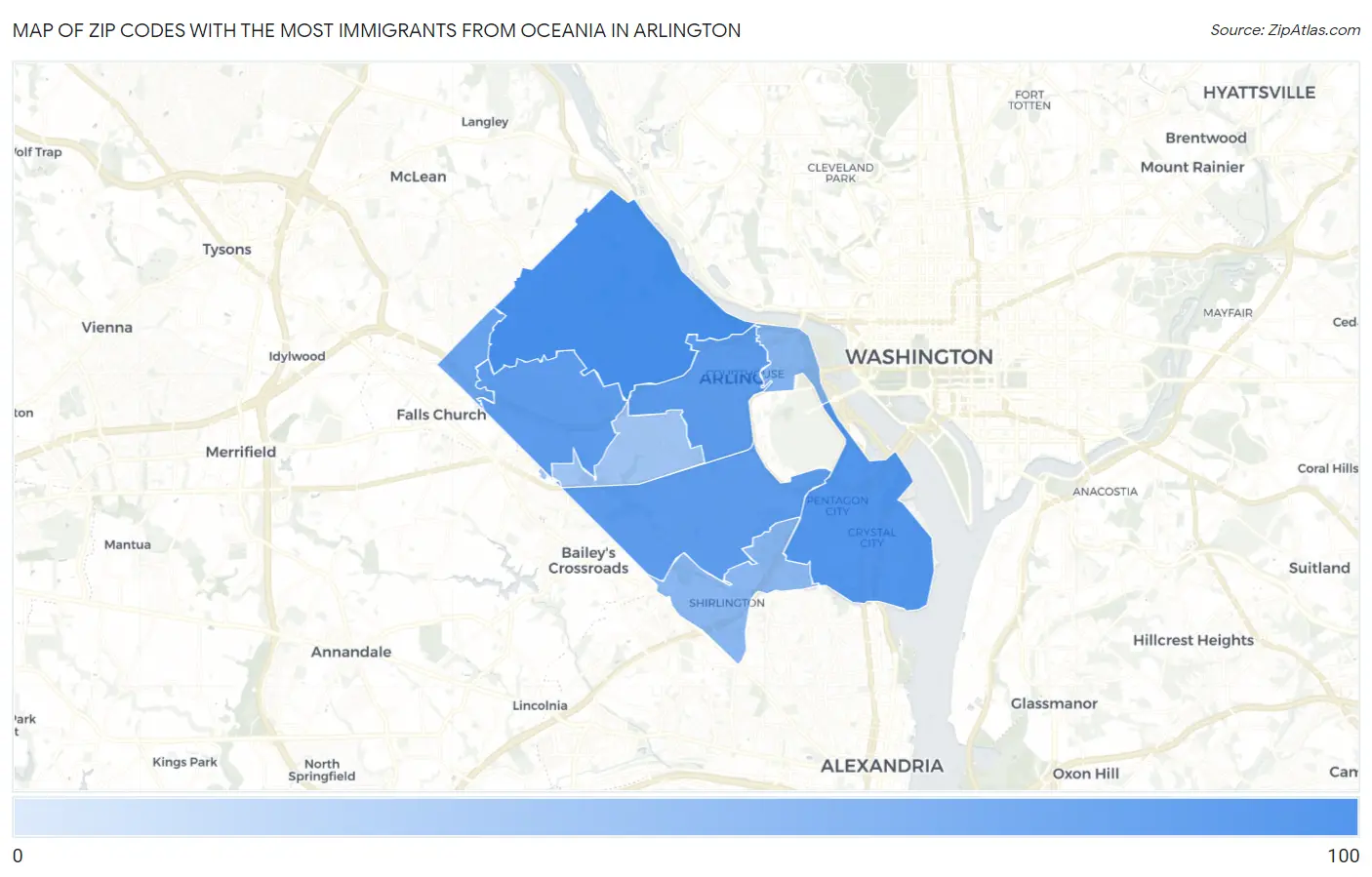Zip Codes with the Most Immigrants from Oceania in Arlington Map