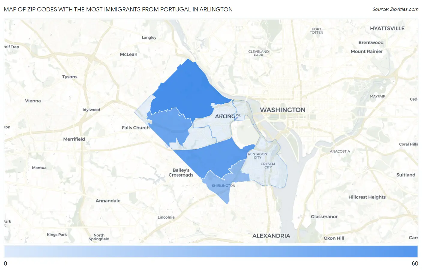 Zip Codes with the Most Immigrants from Portugal in Arlington Map