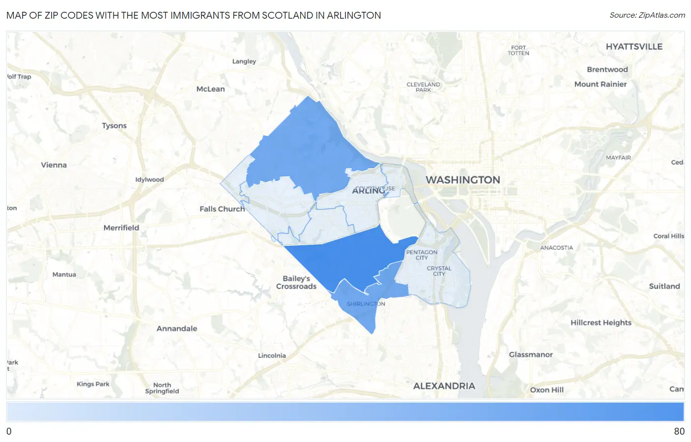Zip Codes with the Most Immigrants from Scotland in Arlington Map