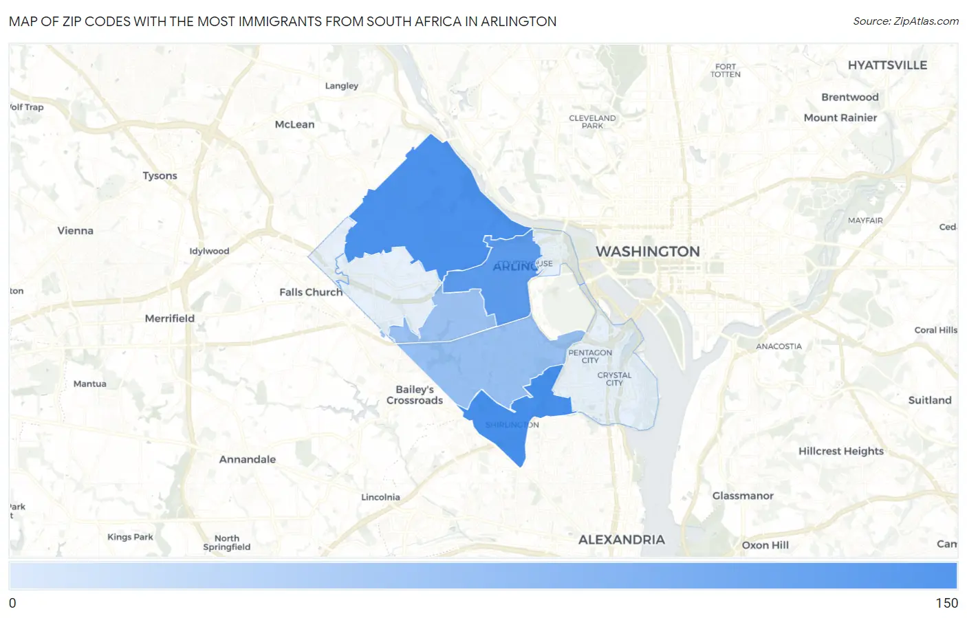 Zip Codes with the Most Immigrants from South Africa in Arlington Map