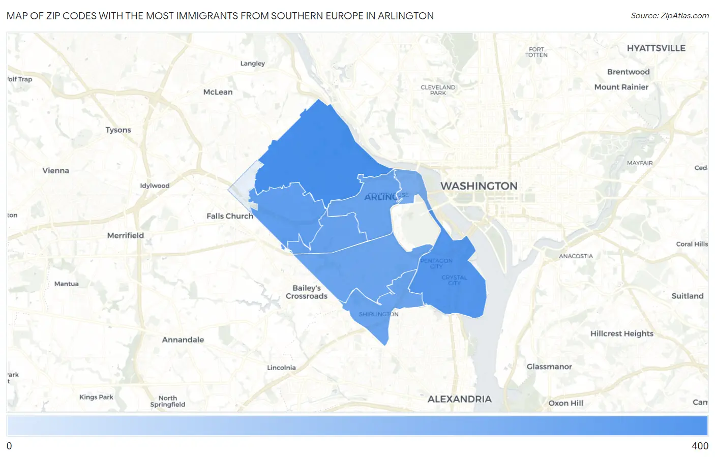 Zip Codes with the Most Immigrants from Southern Europe in Arlington Map