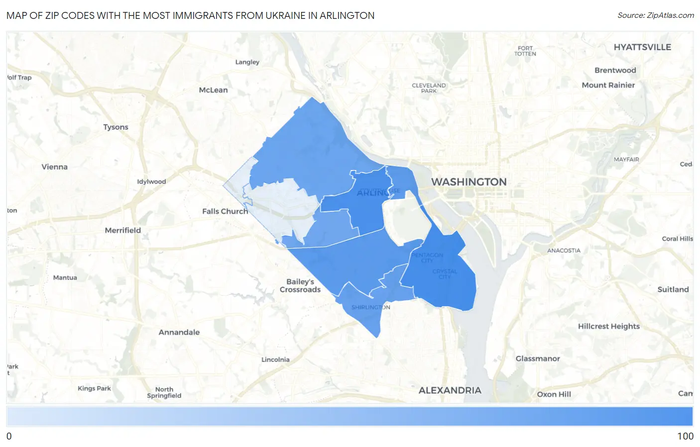 Zip Codes with the Most Immigrants from Ukraine in Arlington Map