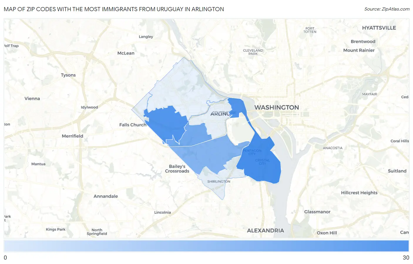 Zip Codes with the Most Immigrants from Uruguay in Arlington Map