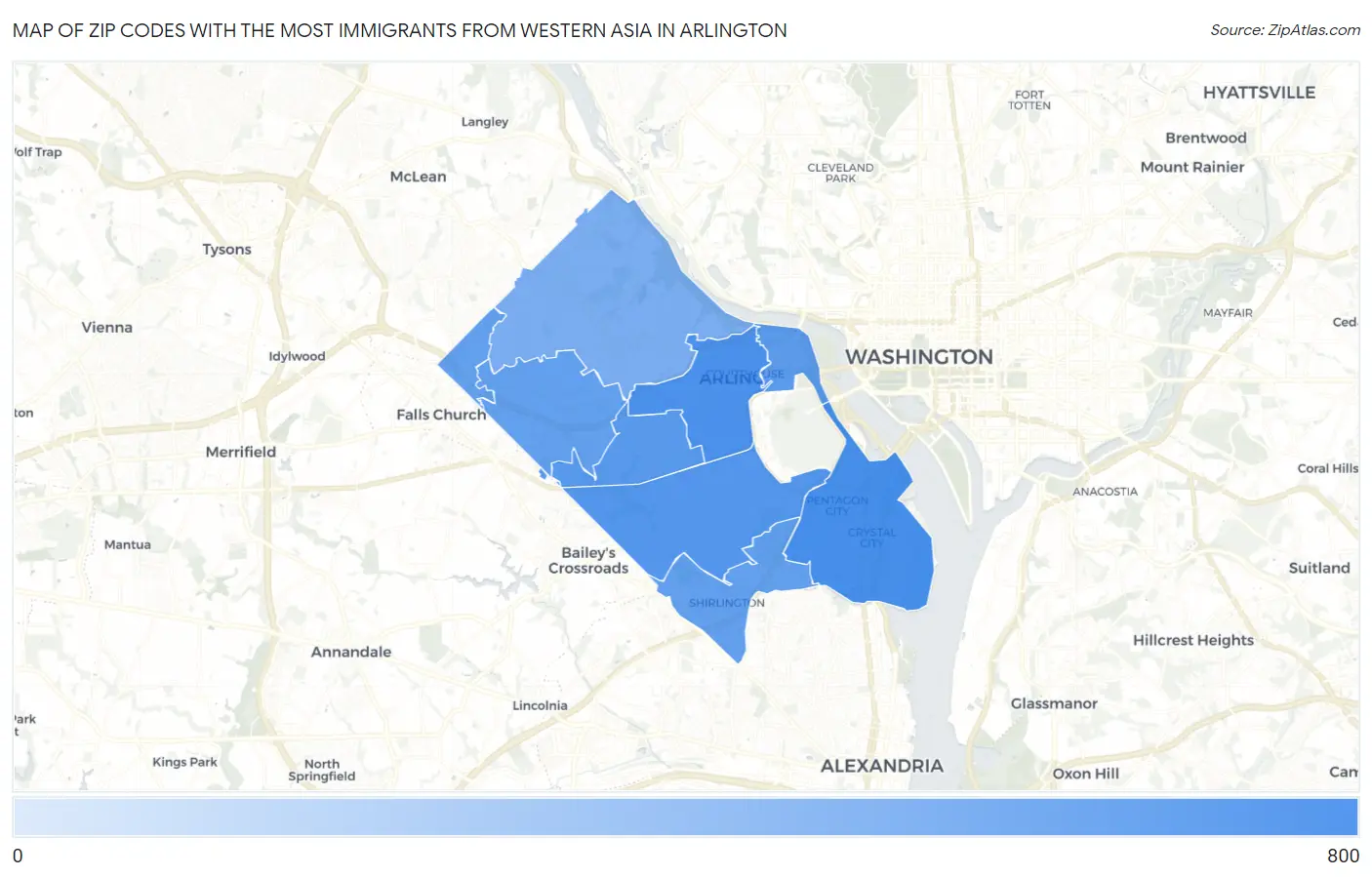 Zip Codes with the Most Immigrants from Western Asia in Arlington Map