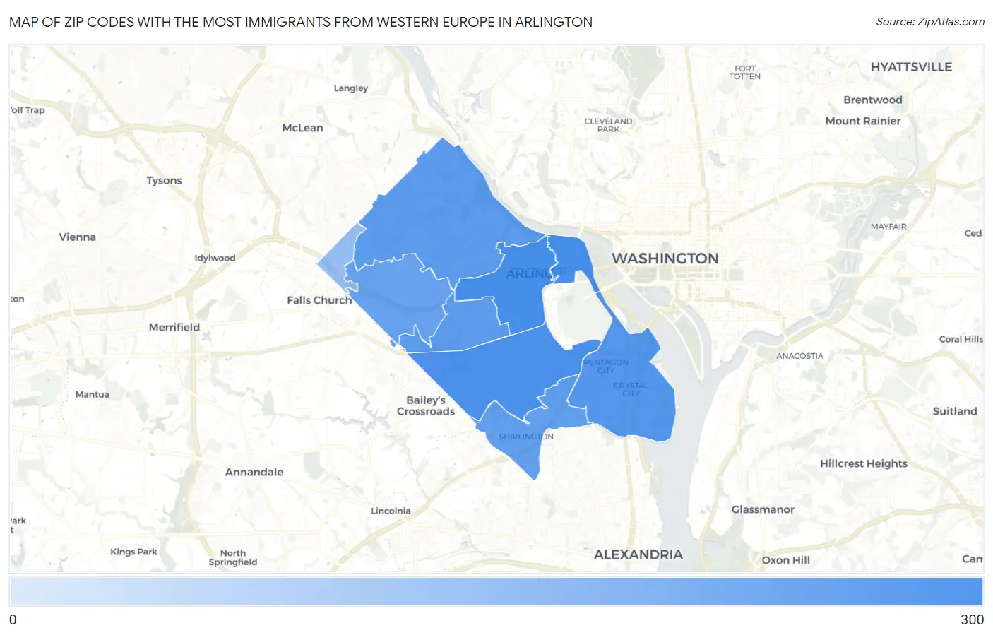 Zip Codes with the Most Immigrants from Western Europe in Arlington Map