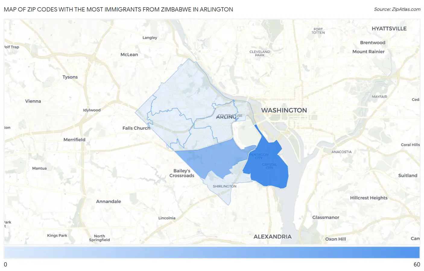 Zip Codes with the Most Immigrants from Zimbabwe in Arlington Map