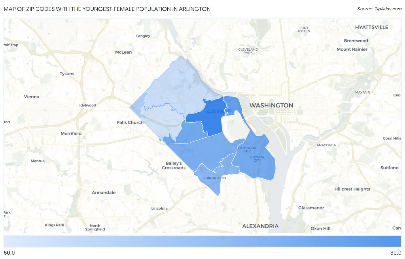 Zip Codes with the Youngest Female Population in Arlington Map