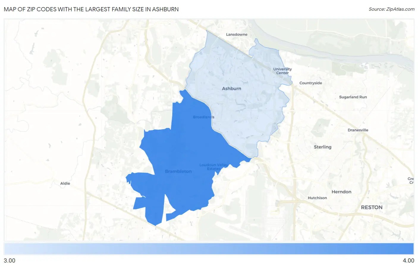 Zip Codes with the Largest Family Size in Ashburn Map