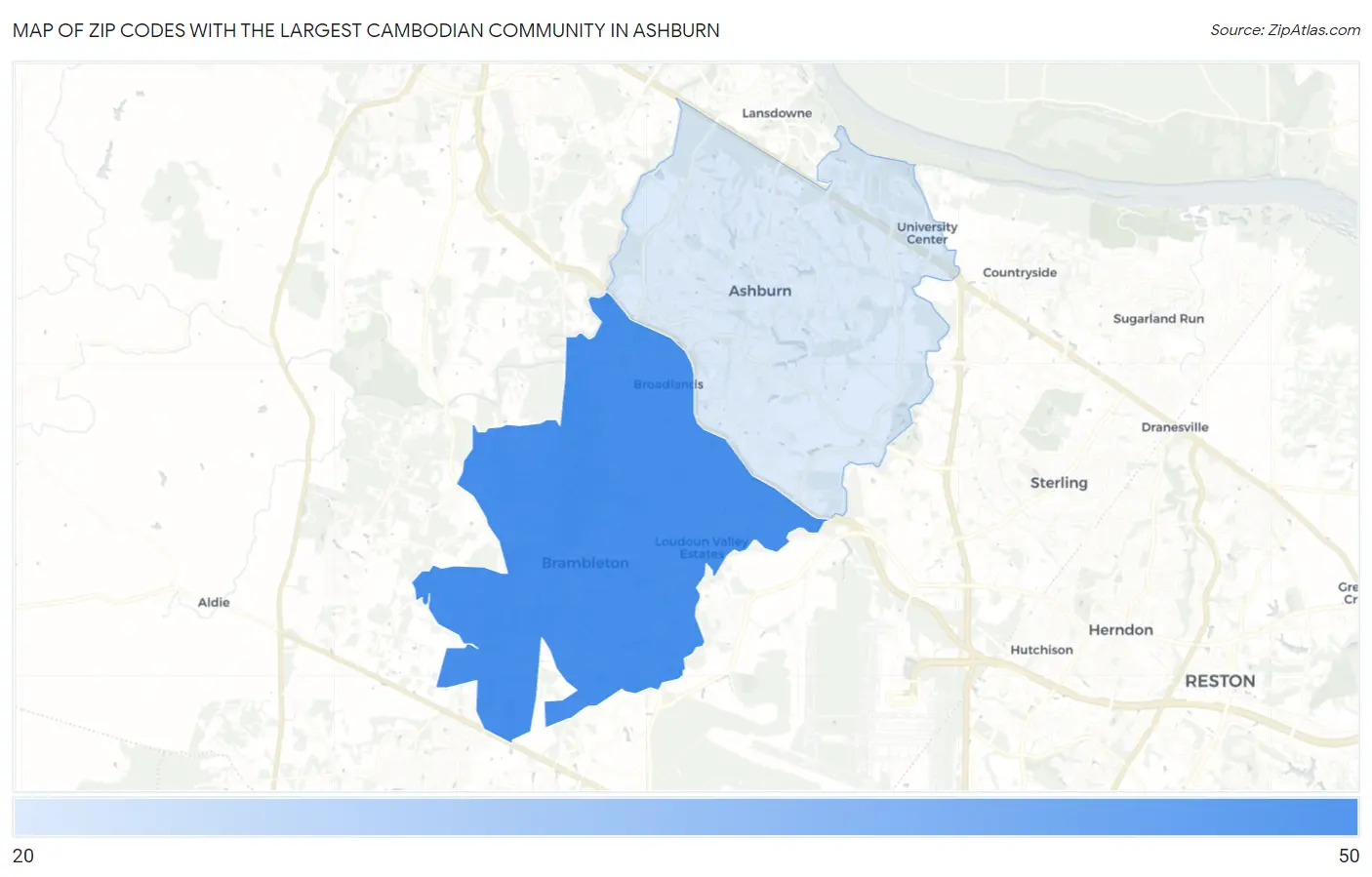 Zip Codes with the Largest Cambodian Community in Ashburn Map