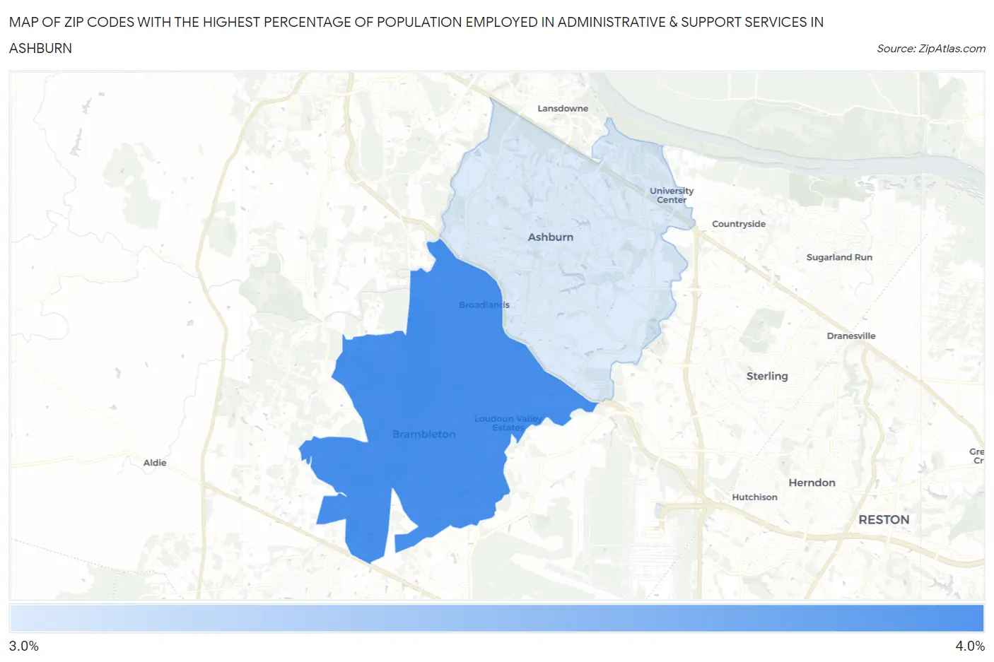 Zip Codes with the Highest Percentage of Population Employed in Administrative & Support Services in Ashburn Map