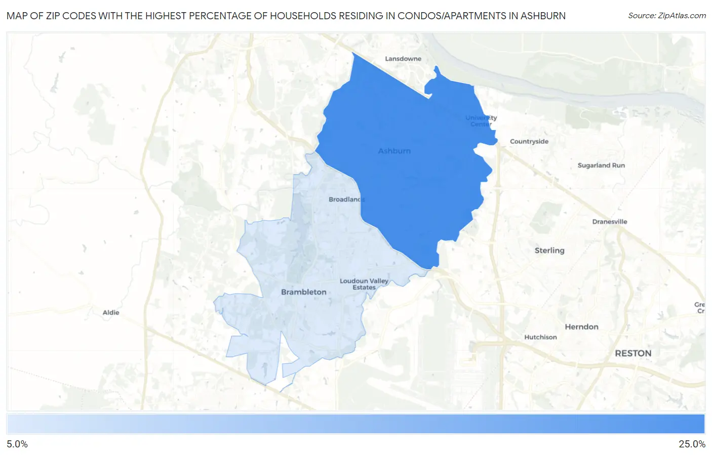 Zip Codes with the Highest Percentage of Households Residing in Condos/Apartments in Ashburn Map