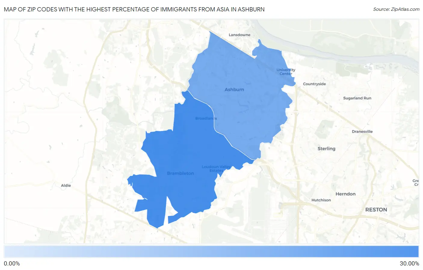 Zip Codes with the Highest Percentage of Immigrants from Asia in Ashburn Map