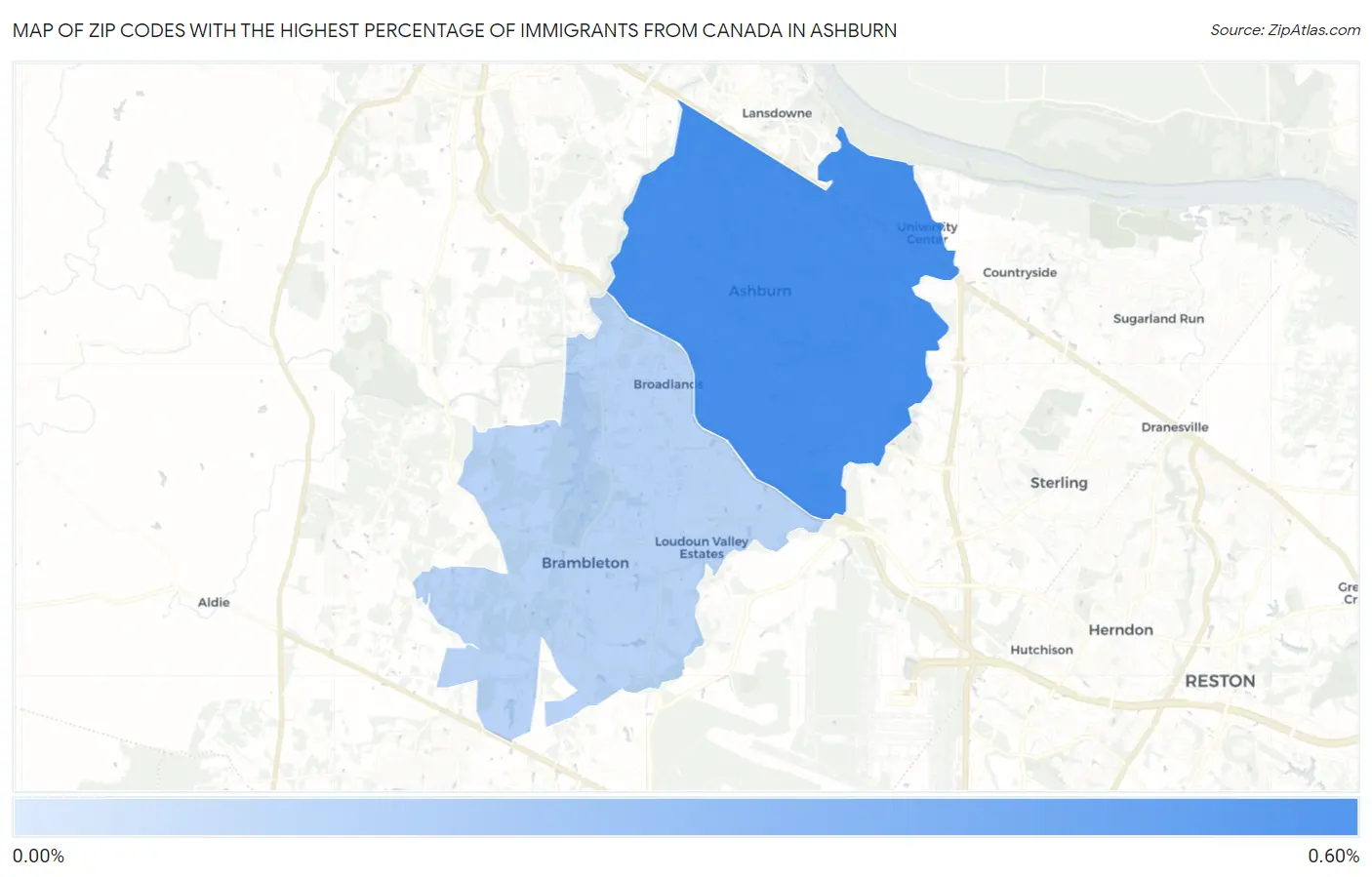 Zip Codes with the Highest Percentage of Immigrants from Canada in Ashburn Map