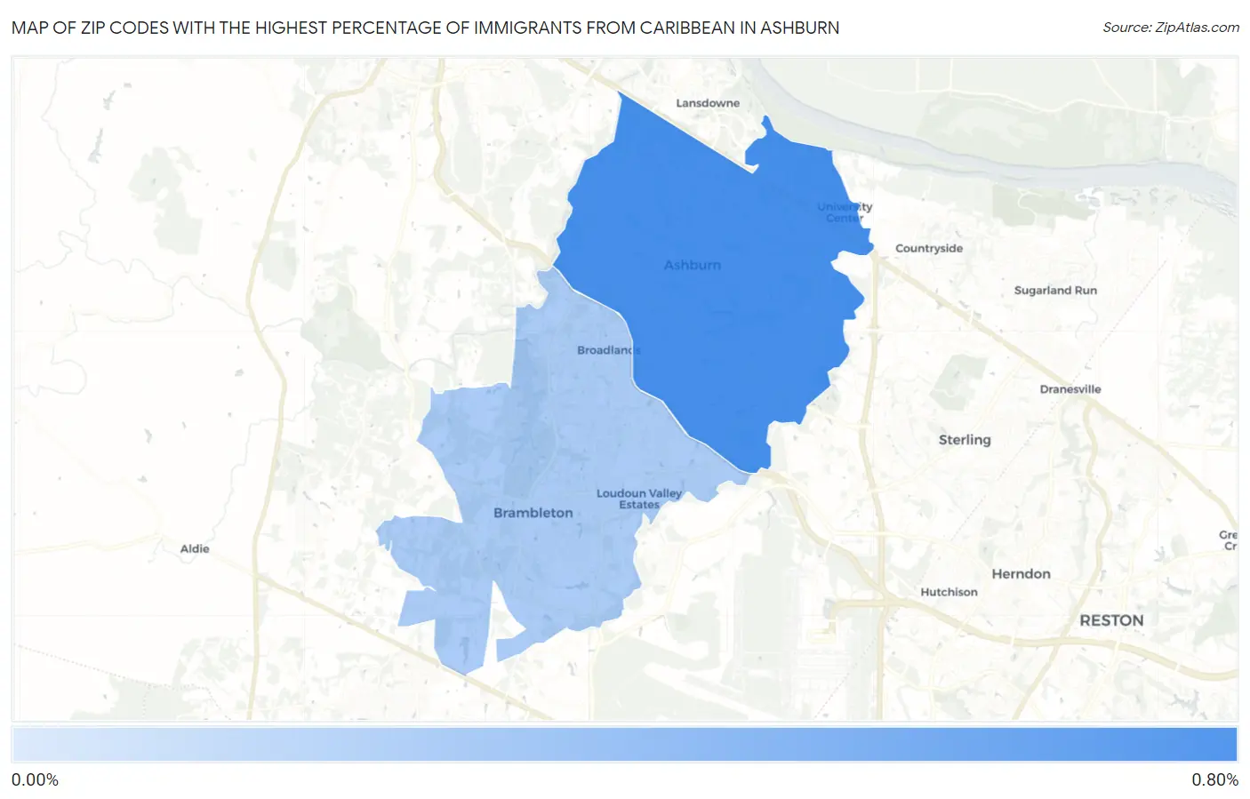 Zip Codes with the Highest Percentage of Immigrants from Caribbean in Ashburn Map