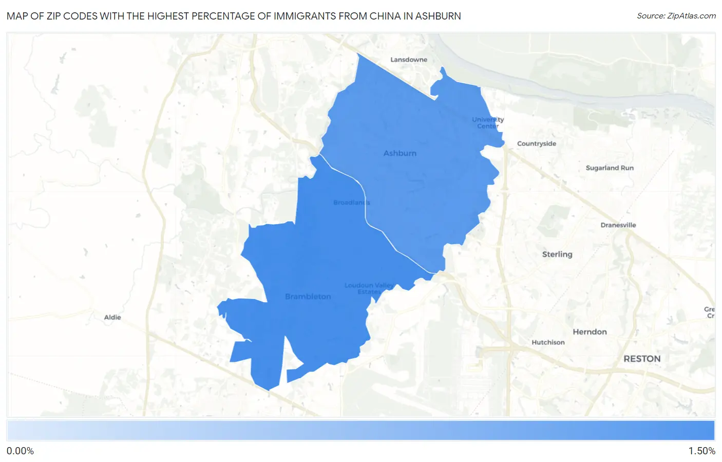 Zip Codes with the Highest Percentage of Immigrants from China in Ashburn Map