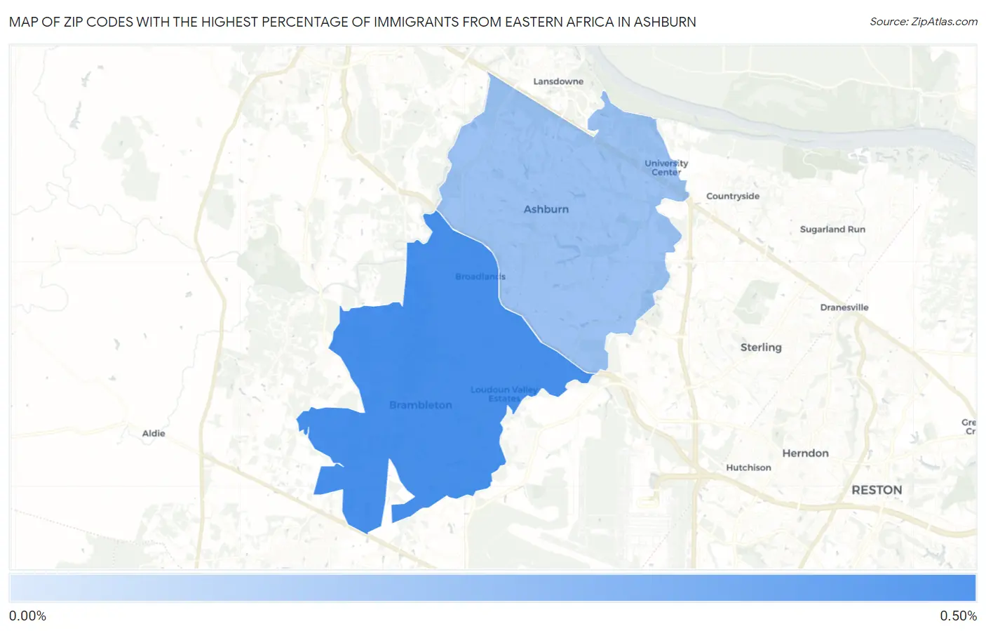 Zip Codes with the Highest Percentage of Immigrants from Eastern Africa in Ashburn Map