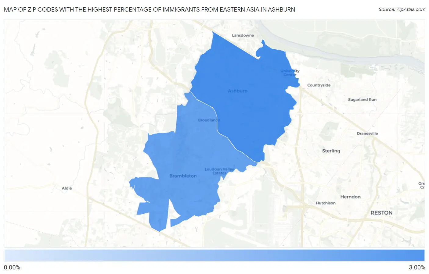 Zip Codes with the Highest Percentage of Immigrants from Eastern Asia in Ashburn Map