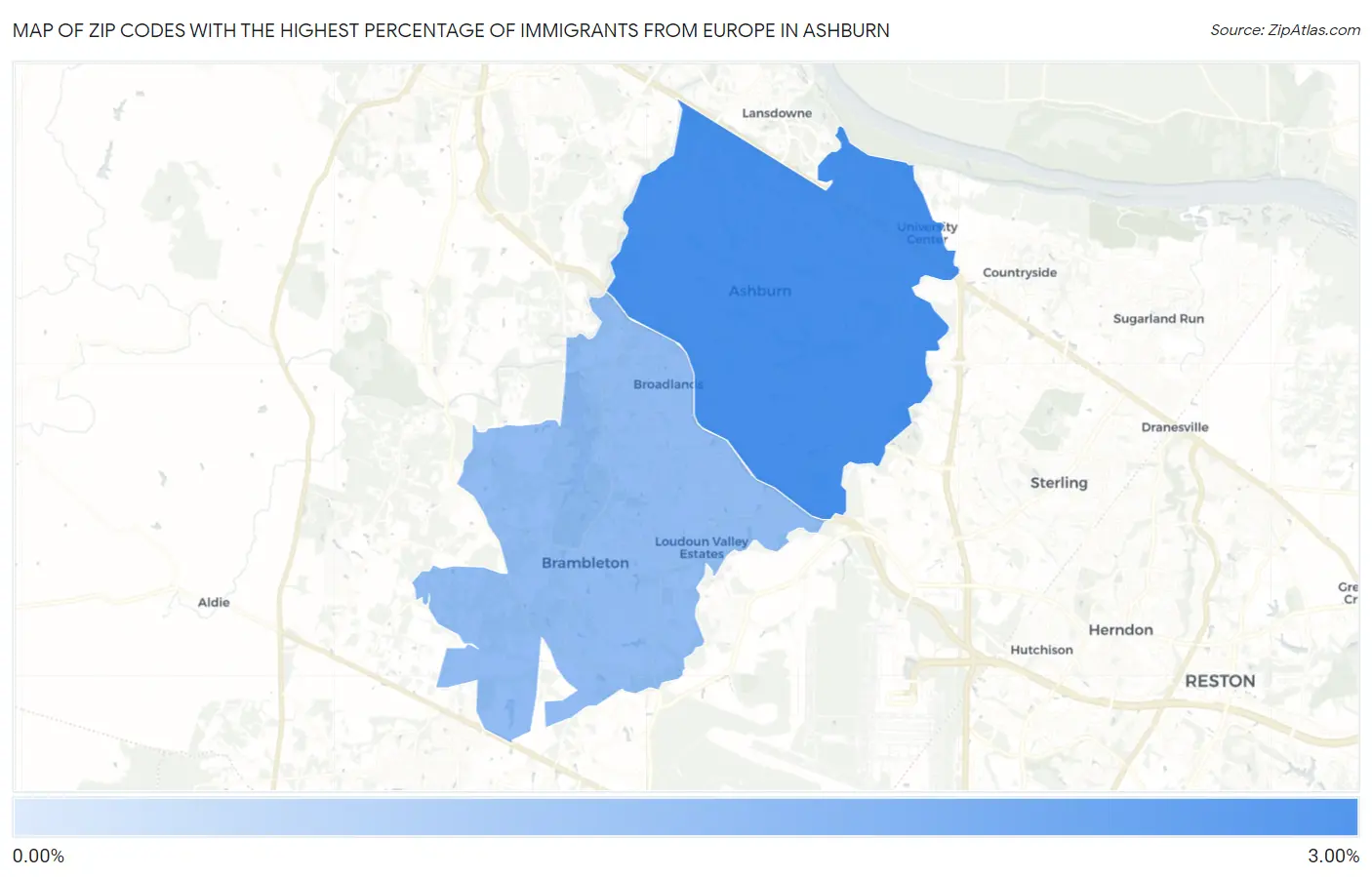 Zip Codes with the Highest Percentage of Immigrants from Europe in Ashburn Map