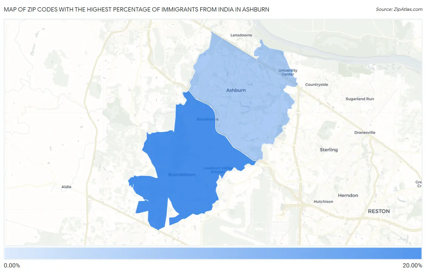 Zip Codes with the Highest Percentage of Immigrants from India in Ashburn Map