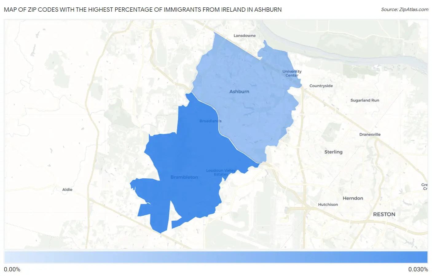 Zip Codes with the Highest Percentage of Immigrants from Ireland in Ashburn Map