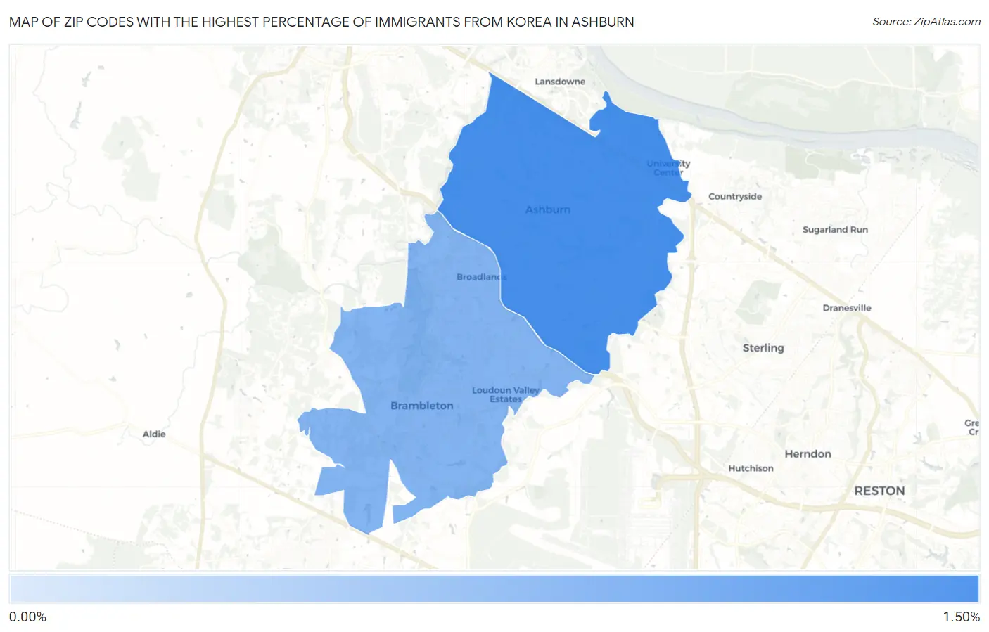 Zip Codes with the Highest Percentage of Immigrants from Korea in Ashburn Map