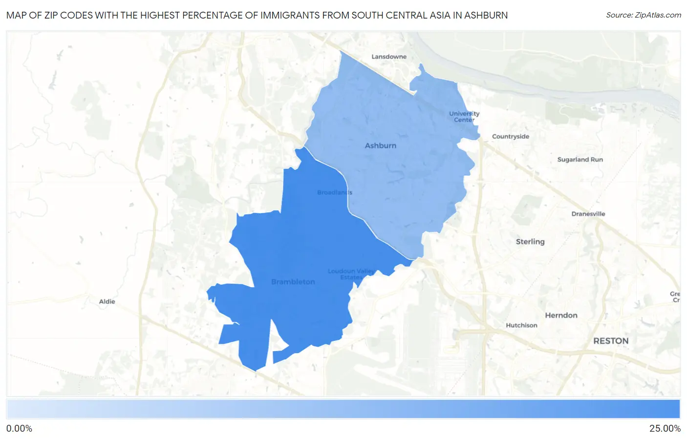 Zip Codes with the Highest Percentage of Immigrants from South Central Asia in Ashburn Map