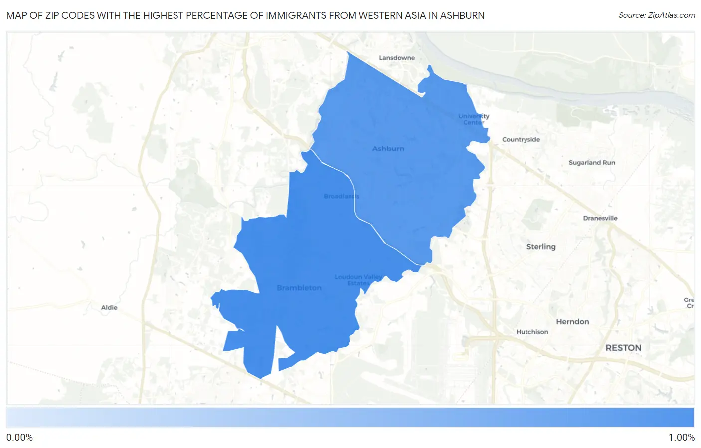 Zip Codes with the Highest Percentage of Immigrants from Western Asia in Ashburn Map