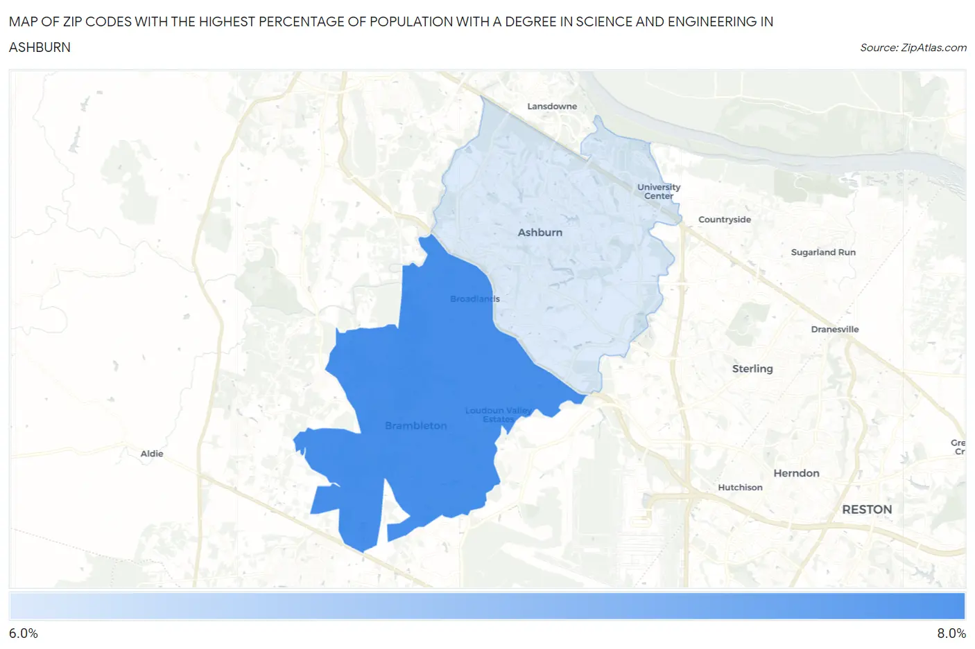Zip Codes with the Highest Percentage of Population with a Degree in Science and Engineering in Ashburn Map