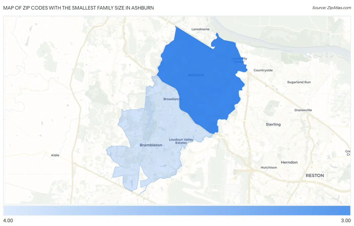 Zip Codes with the Smallest Family Size in Ashburn Map