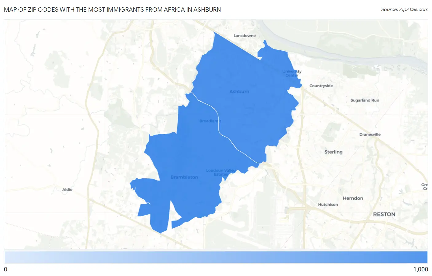 Zip Codes with the Most Immigrants from Africa in Ashburn Map